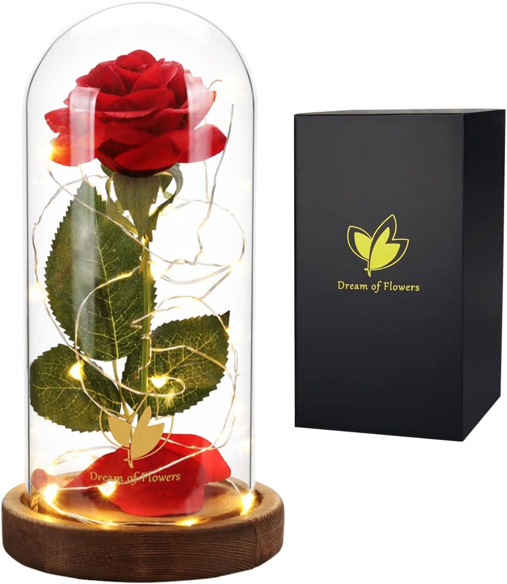 Beauty and the Beast Red Rose in Glass Dome with Fairy Light String, Valentine Rose Gift for Her, Gifts for Girlfriend, Mother&