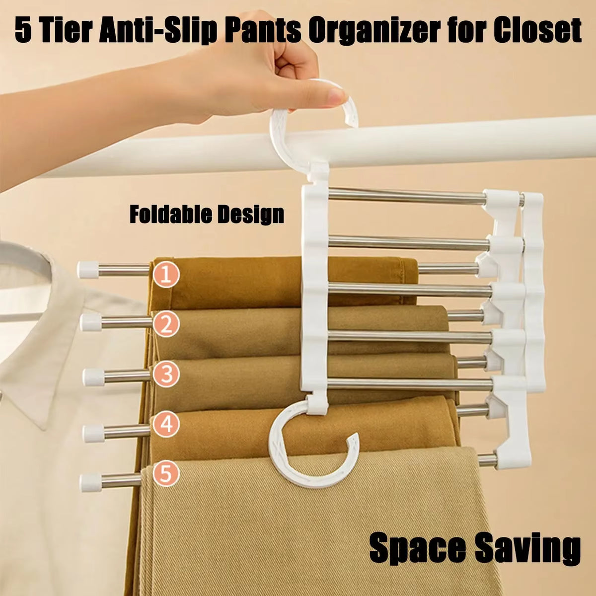 MaxiRack 5-in-1 Magic Trouser Rack – Stainless Steel Folding Pant & Tie Organizer for Closet & Wardrobe Storage