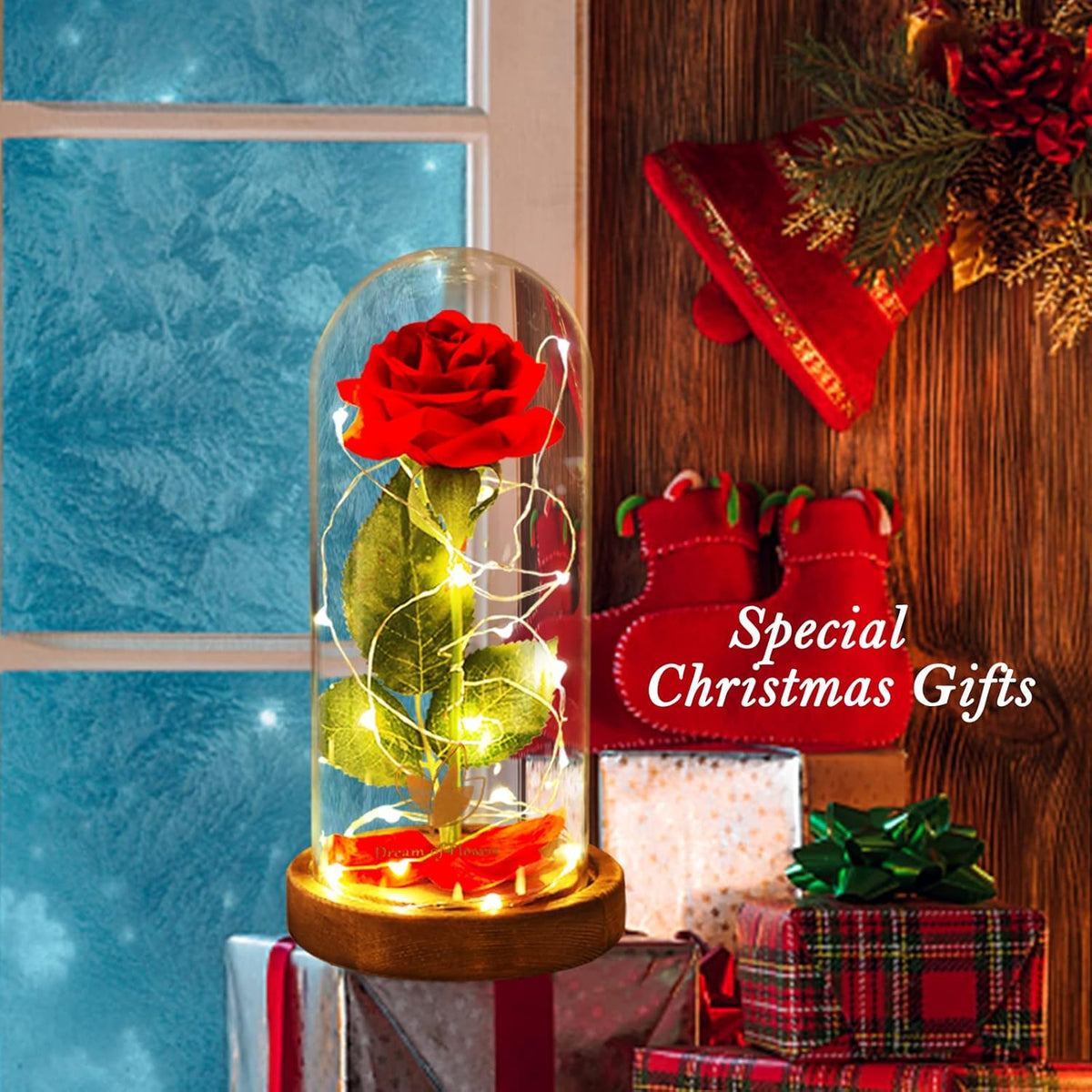 Beauty and the Beast Red Rose in Glass Dome with Fairy Light String, Valentine Rose Gift for Her, Gifts for Girlfriend, Mother&