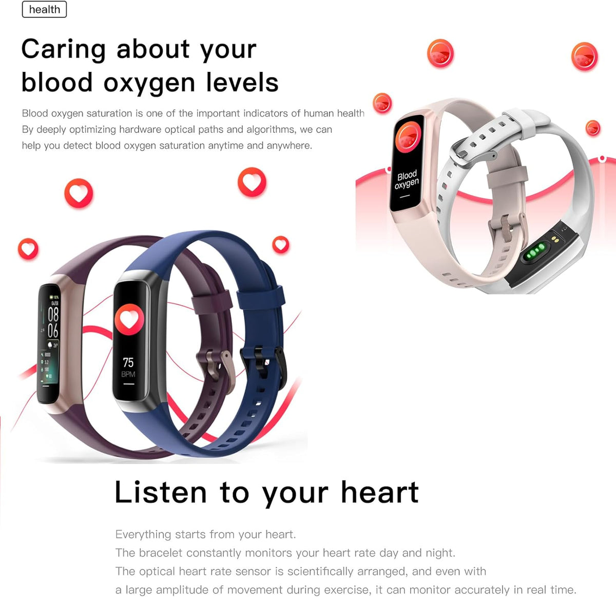 Keep Health Fitness Trackers for Women Men Amoled Step Counter Slim Thin 25 Sports Modes with Heart Rate Blood Pressure Monitor Alarm Stopwatch Timer Calories Burned IP68 Step Tracker Watch