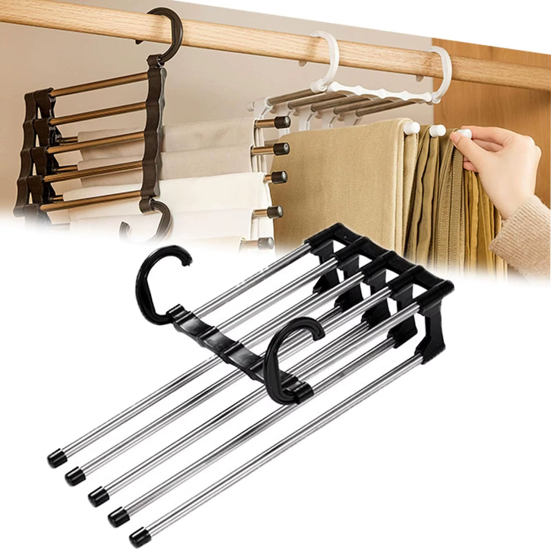 MaxiRack 5-in-1 Magic Trouser Rack – Stainless Steel Folding Pant &amp; Tie Organizer for Closet &amp; Wardrobe Storage