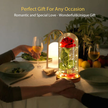 Beauty and the Beast Red Rose in Glass Dome with Fairy Light String, Valentine Rose Gift for Her, Gifts for Girlfriend, Mother&