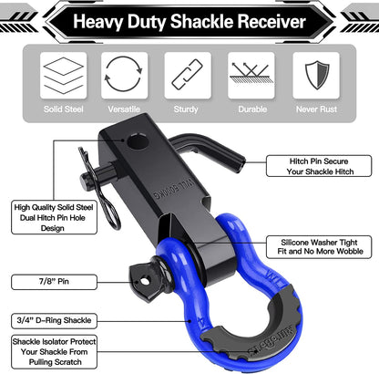 Shackle Hitch Receiver 2", 45,000 Lbs Break Strength Heavy Duty Receiver with 5/8" Screw Pin, 3/4" D Ring Shackles, Towing Accessories for Vehicle Recovery Off-Road, Blue&amp;Black