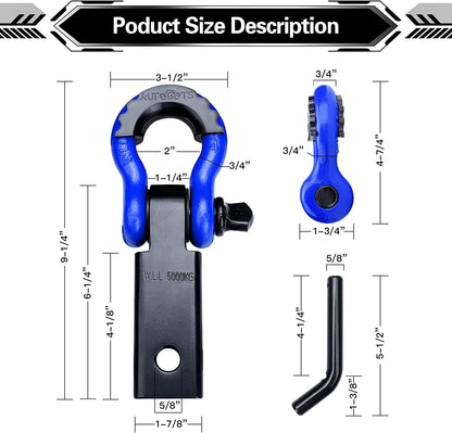 Shackle Hitch Receiver 2", 45,000 Lbs Break Strength Heavy Duty Receiver with 5/8" Screw Pin, 3/4" D Ring Shackles, Towing Accessories for Vehicle Recovery Off-Road, Blue&amp;Black