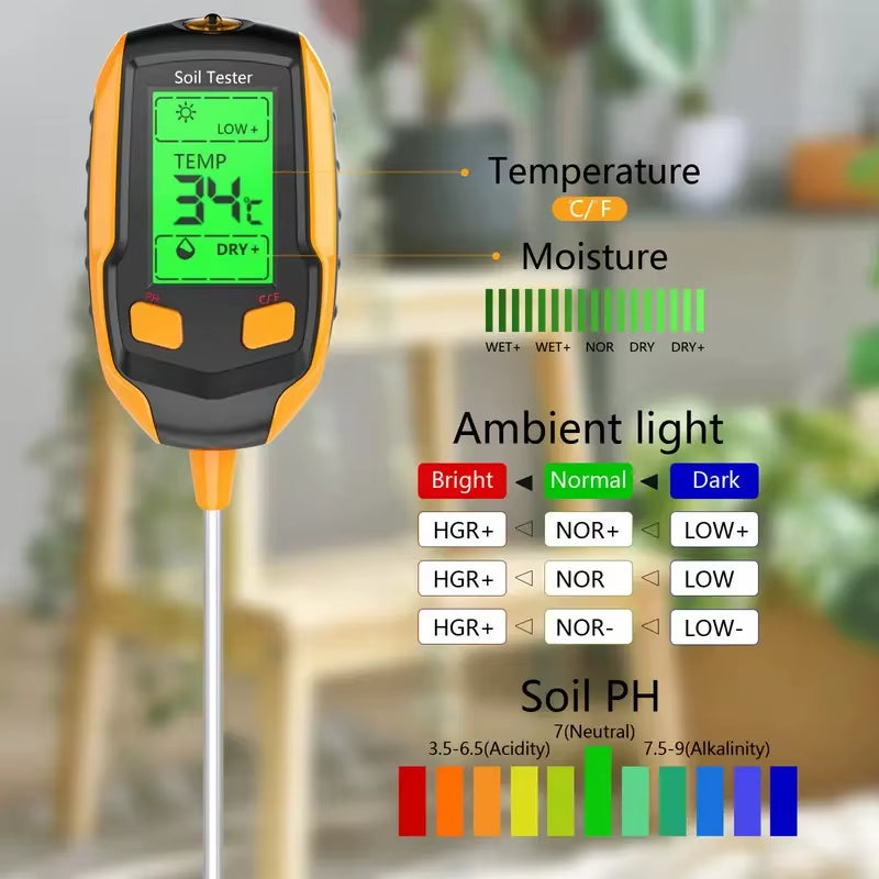 SmartGrow 4-in-1 Digital Soil Meter – Moisture, pH, Temperature &amp; Sunlight Intensity for Perfect Plant Care