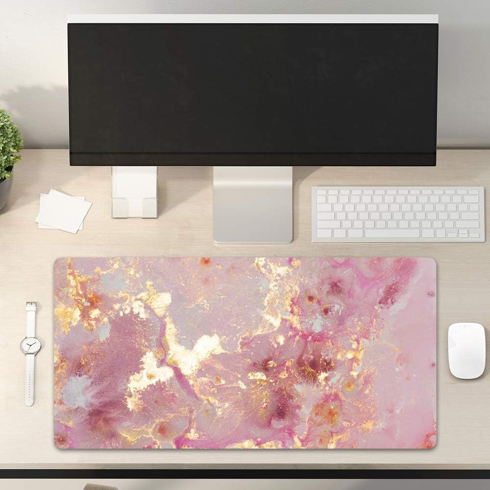 Large Mouse Pad, Cute Pink Desk Mat for Desktop, Women Girls PU Leather Waterproof Gaming Mousepad, Rose Gold Marble Computer PC Laptop Protector Writing Pads for School Office Home 31.5" X 15.7"