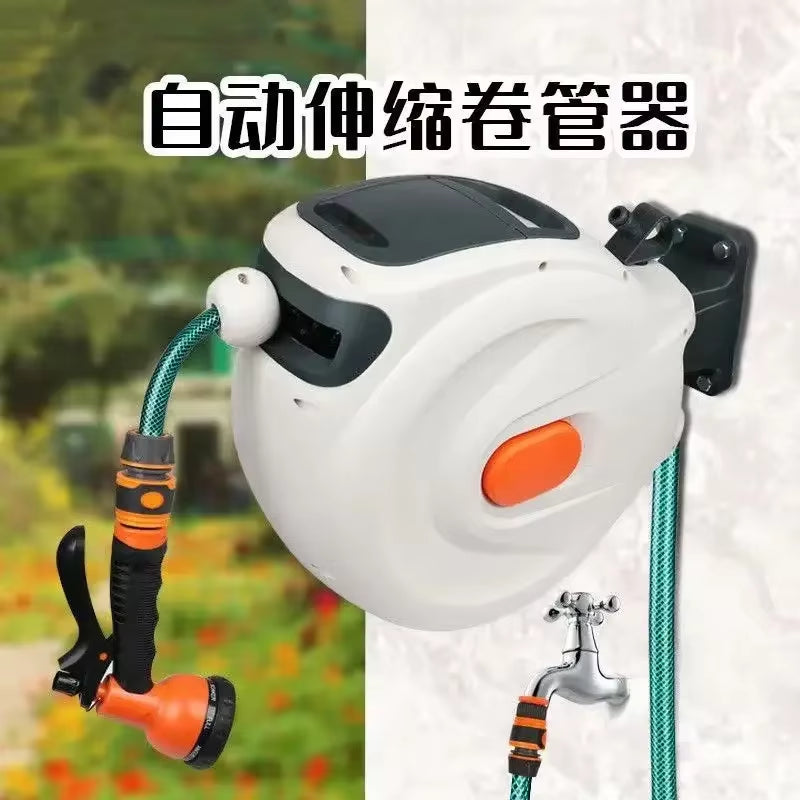 10/20M Automatic Rewind Hose Reel with 7 Pattern Hose Nozzle Water Hose Reel Slow Return System for Car Garden