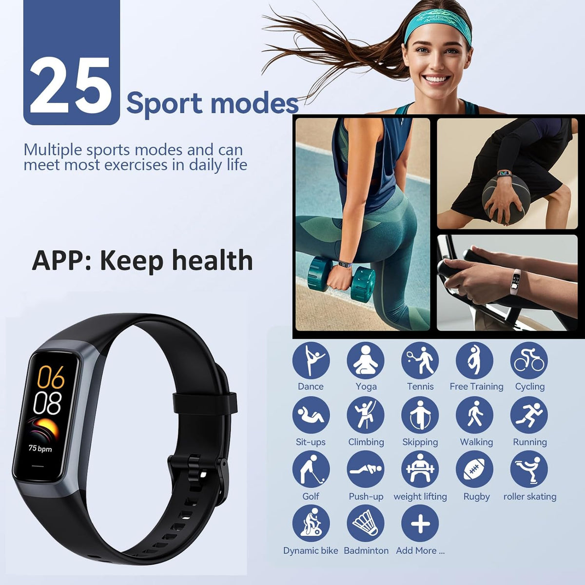 Keep Health Fitness Trackers for Women Men Amoled Step Counter Slim Thin 25 Sports Modes with Heart Rate Blood Pressure Monitor Alarm Stopwatch Timer Calories Burned IP68 Step Tracker Watch