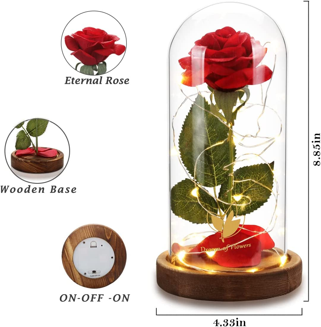 Beauty and the Beast Red Rose in Glass Dome with Fairy Light String, Valentine Rose Gift for Her, Gifts for Girlfriend, Mother&
