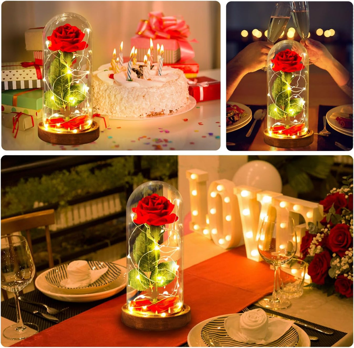 Beauty and the Beast Red Rose in Glass Dome with Fairy Light String, Valentine Rose Gift for Her, Gifts for Girlfriend, Mother&