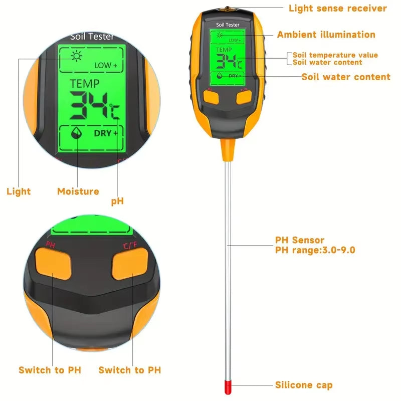 SmartGrow 4-in-1 Digital Soil Meter – Moisture, pH, Temperature &amp; Sunlight Intensity for Perfect Plant Care