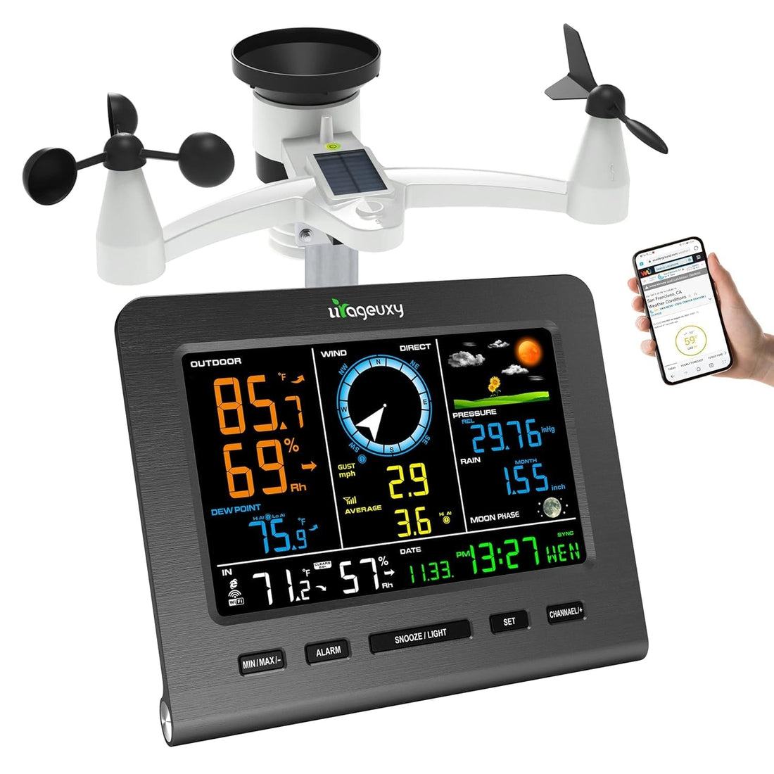 Wifi Weather Station, Wireless Indoor Outdoor Home Weather Stations with Rain Gauge, Wind Speed/Direction, Indoor/Outdoor Thermometer/Humidity, Moon Phrase, Alarm Clock, Barometric Pressure
