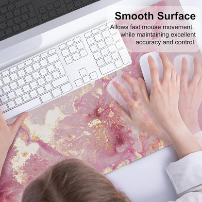 Large Mouse Pad, Cute Pink Desk Mat for Desktop, Women Girls PU Leather Waterproof Gaming Mousepad, Rose Gold Marble Computer PC Laptop Protector Writing Pads for School Office Home 31.5" X 15.7"