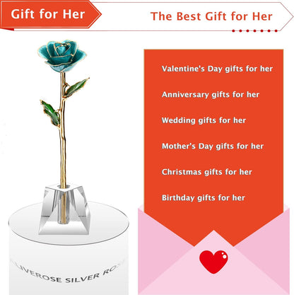 Gold Rose,24K Gold Real Rose Gift for Her, Long Stem Rose Made from Real Gold Rose for Anniversary Valentines Mothers Day Birthday (Teal Blue with Crystal Vase)