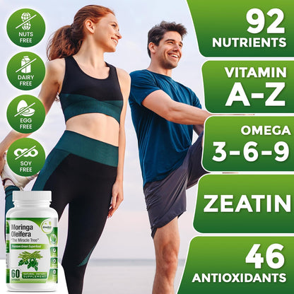 Pure Moringa Oleifera Leaf Extract Capsules, 1000 Mg per Serving. Gluten Free, NON GMO, Vegan Antioxidant Capsules. Natural Energy, Mood, Memory and Focus Enhancer. Premium Green Superfood (Pack of 3)