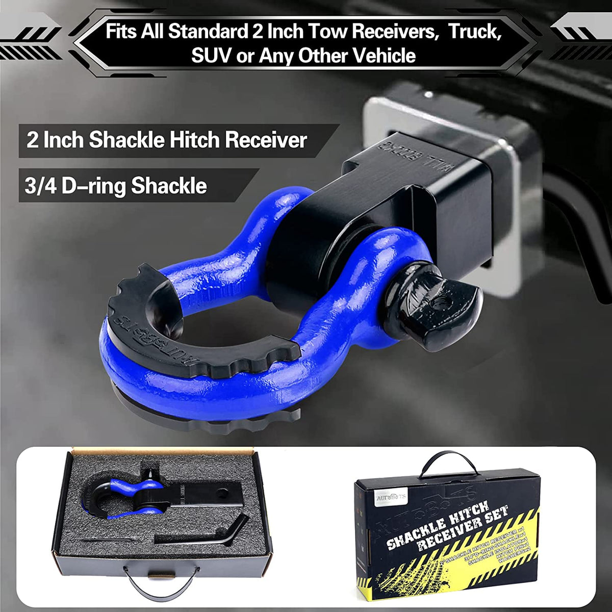 Shackle Hitch Receiver 2", 45,000 Lbs Break Strength Heavy Duty Receiver with 5/8" Screw Pin, 3/4" D Ring Shackles, Towing Accessories for Vehicle Recovery Off-Road, Blue&amp;Black