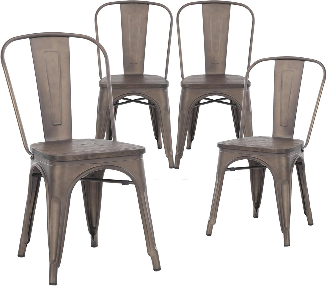 Metal Dining Chairs, Indoor/Outdoor and Stackable, Set of 4 (Bronze with Wooden Seat)