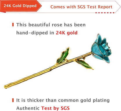 Gold Rose,24K Gold Real Rose Gift for Her, Long Stem Rose Made from Real Gold Rose for Anniversary Valentines Mothers Day Birthday (Teal Blue with Crystal Vase)