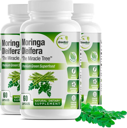 Pure Moringa Oleifera Leaf Extract Capsules, 1000 Mg per Serving. Gluten Free, NON GMO, Vegan Antioxidant Capsules. Natural Energy, Mood, Memory and Focus Enhancer. Premium Green Superfood (Pack of 3)