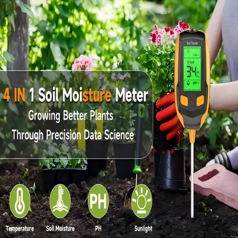 SmartGrow 4-in-1 Digital Soil Meter – Moisture, pH, Temperature &amp; Sunlight Intensity for Perfect Plant Care
