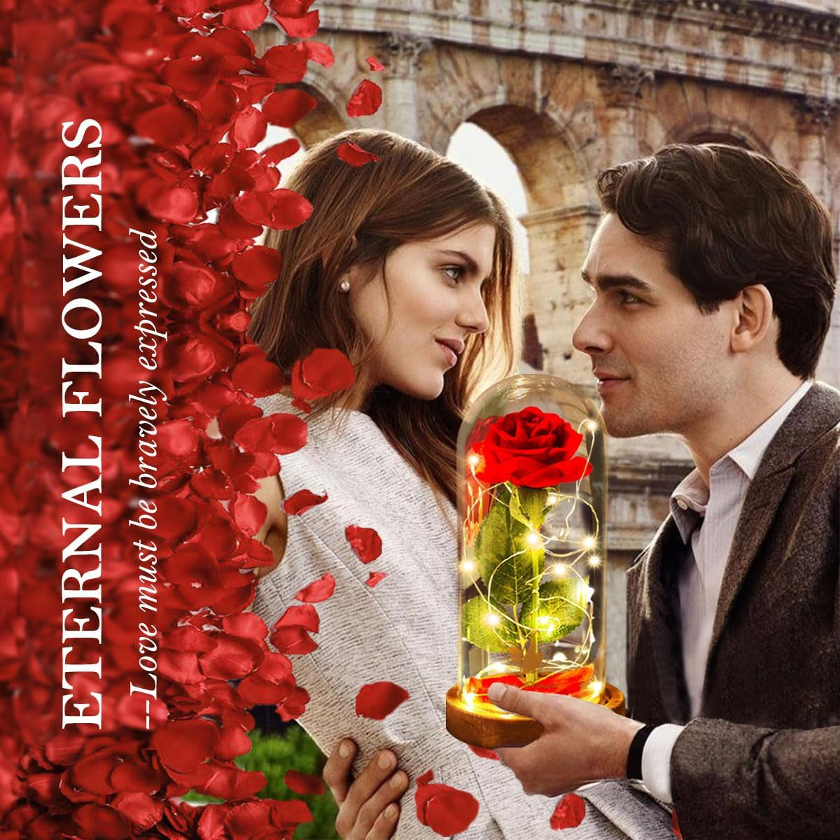 Beauty and the Beast Red Rose in Glass Dome with Fairy Light String, Valentine Rose Gift for Her, Gifts for Girlfriend, Mother&