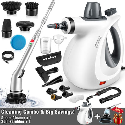 Pressurized Handheld Steam Cleaner &amp; Rechargeable Spin Scrubber