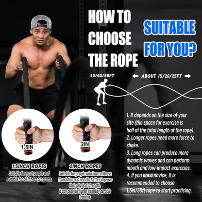 Battle Rope with Wear-Resistant Nylon Protective Sleeve ，Heavy Battle Rope for Strength Training Home Fitness Exercise Rope， Anchor Strap Kit Included