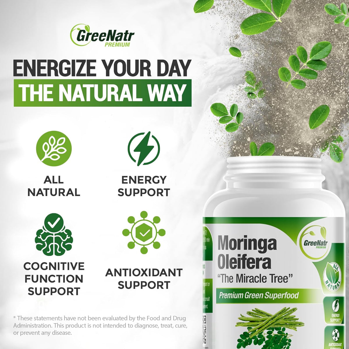 Pure Moringa Oleifera Leaf Extract Capsules, 1000 Mg per Serving. Gluten Free, NON GMO, Vegan Antioxidant Capsules. Natural Energy, Mood, Memory and Focus Enhancer. Premium Green Superfood (Pack of 3)